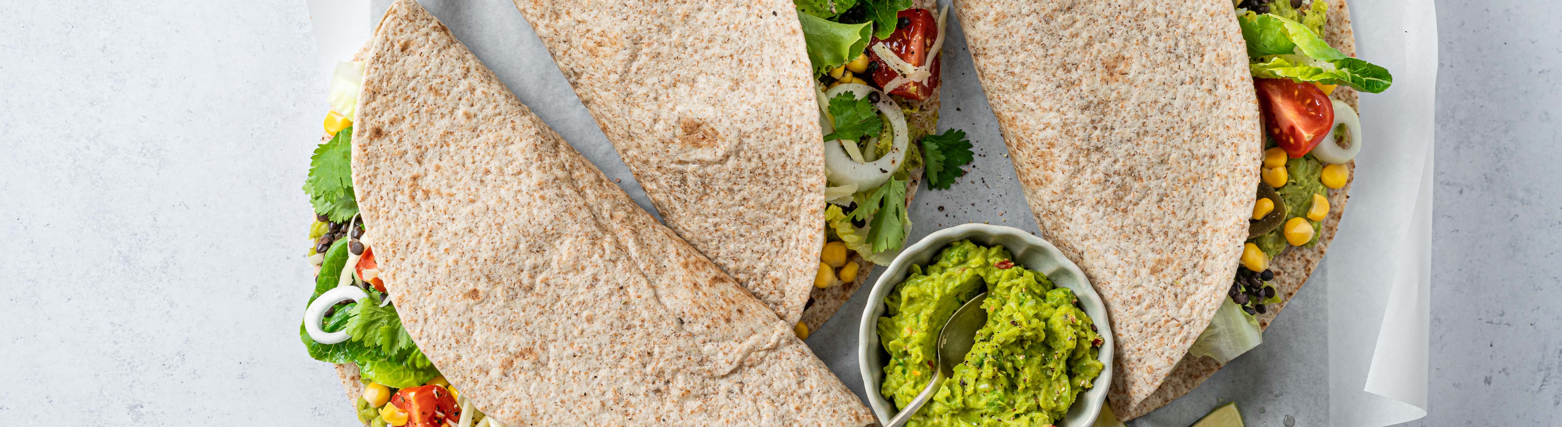 Fajitas with pea guacamole